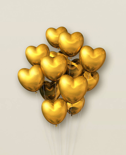 Gold heart shape air balloons group on a beige background. 3D illustration render - Foto, Imagem