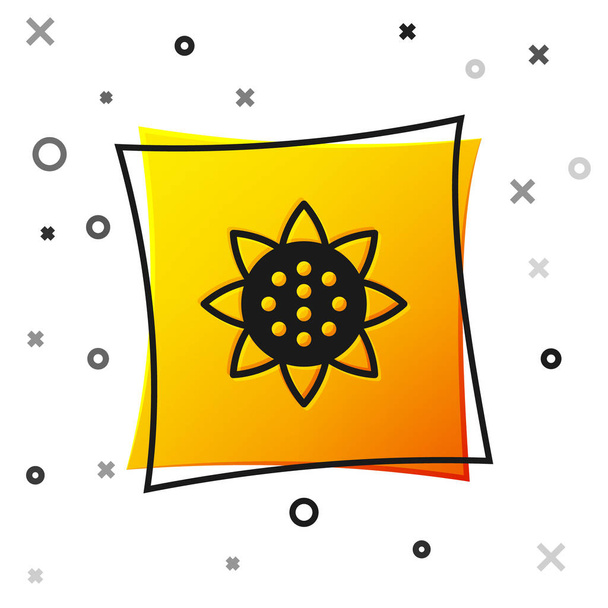 Czarna ikona słonecznika odizolowana na białym tle. Żółty, kwadratowy przycisk. Wektor. - Wektor, obraz