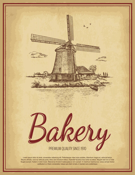 Hand drawn rural landscape with Bakery lettering. Vintage windmill, river, barn, sky with clouds, birds, boat. Old paper background. Engraved style vector illustration. Template for your design works. - Vector, Image