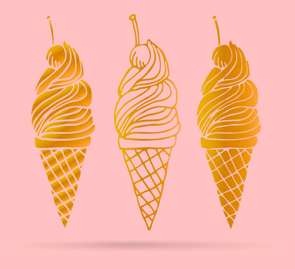 Sada roztomilé zlaté zmrzliny kornout s třešní izolované na růžovém pozadí. Karta, plakát, samolepka. Vektorová ilustrace. - Vektor, obrázek