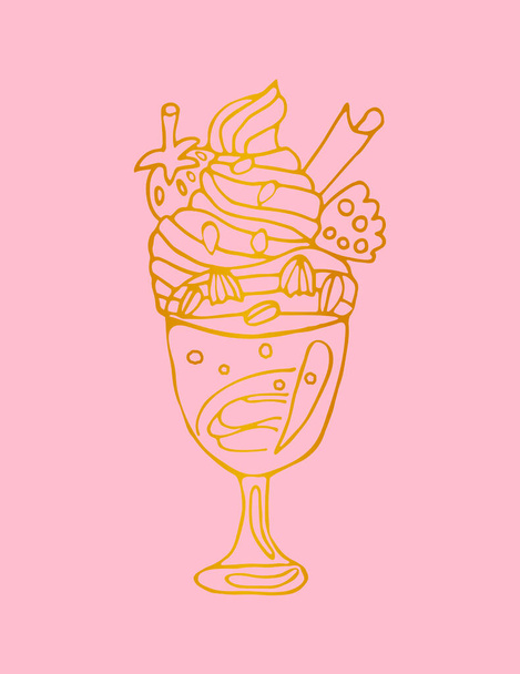 Roztomilá zlatá lineární zmrzlina, koktejl ve sklenici s jahodou, sušenka, skořice izolovaná na růžovém pozadí. Karta, plakát, samolepka. Vektorová ilustrace. - Vektor, obrázek