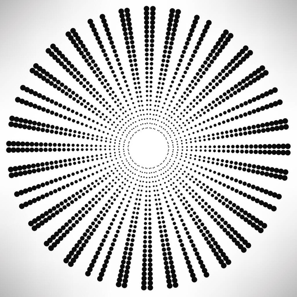 Точечные круглые элементы, солнечные лучи изолированы на белом фоне. Черная полутоновая мандала. Геометрические формы. Векторная иллюстрация. - Вектор,изображение