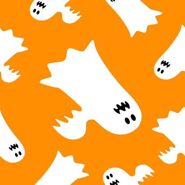 Bezproblémový vzor s bílými duchy na oranžovém pozadí. Jednoduchý kreslený styl. Roztomilý a zábavný. Halloweenská dekorace. Děsivá a strašidelná stvoření. Na pohlednice, tapety, textil a balicí papír - Vektor, obrázek