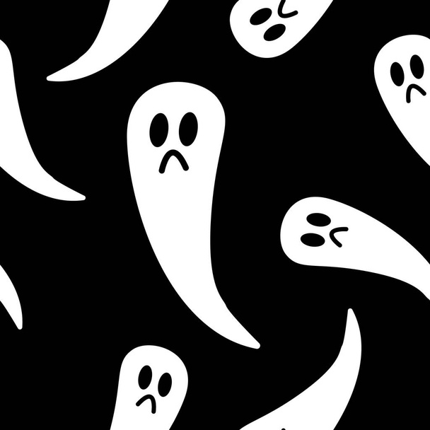 Zökkenőmentes minta fehér szellemekkel fekete háttéren. Egyszerű rajzfilm stílus. Cuki és vicces. Halloween dekoráció. Ijesztő és ijesztő teremtmények. Képeslapokhoz, tapétákhoz, textil- és csomagolópapírhoz - Vektor, kép