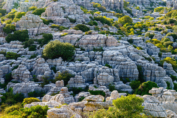 Paisaje de reserva natural nacional con rocas, montañas, erosión, karst, caminata en La Sierra del Torcal, Andalucía, Antequera, España - Foto, Imagen
