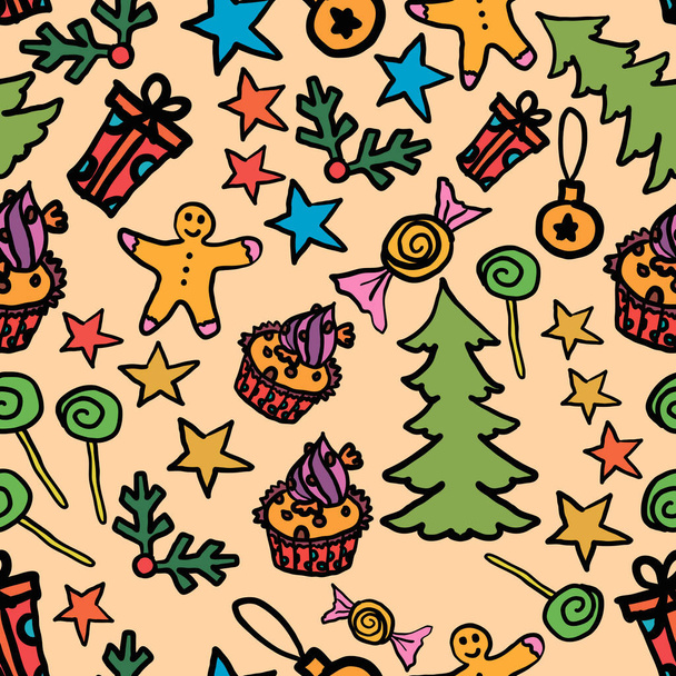Doodle happy new year seamless pattern with spruce, ginger bread man, present, cake, candy, star. Festival wrapping paper, wallpaper. Vector illustration. - Vector, Image