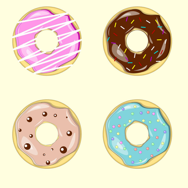 Set of cartoon colorful donuts isolated on white background. Top View Doughnuts collection into glaze for menu design, cafe decoration, delivery box. illustration in flat style Raster version - ベクター画像
