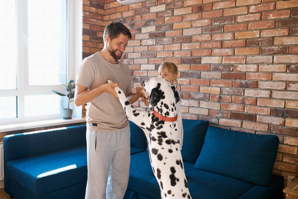 handsome bearded man play with dog at home - Foto, imagen