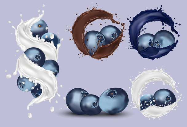 Juicy ripe blueberry with splash milk or yogurt, juice berry, chocolate. Fresh blueberry from different angles. Wild summer blueberry close up. Illustration for your poster, banner. 3D vector icon - Vector, Image