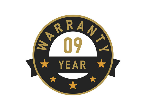 09 Jahre Garantie Gold Text mit schwarzer Abzeichenvektorgrafik - Vektor, Bild