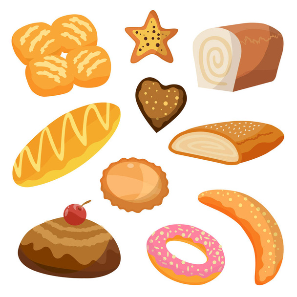 Иконки хлебобулочных и кондитерских изделий с различными видами хлеба, сладких булочек, круассанов, бубликов, пончиков, для пекарни или дизайна продуктов питания - Вектор,изображение