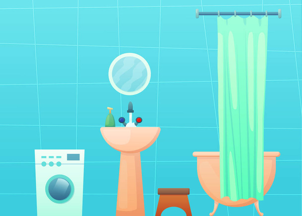 Интерьер ванной комнаты с ванной и занавеской, стиральной машиной, зеркалом и умывальником. Современный дизайн векторной иллюстрации для сайта, печати, плаката или инфографики - Вектор,изображение