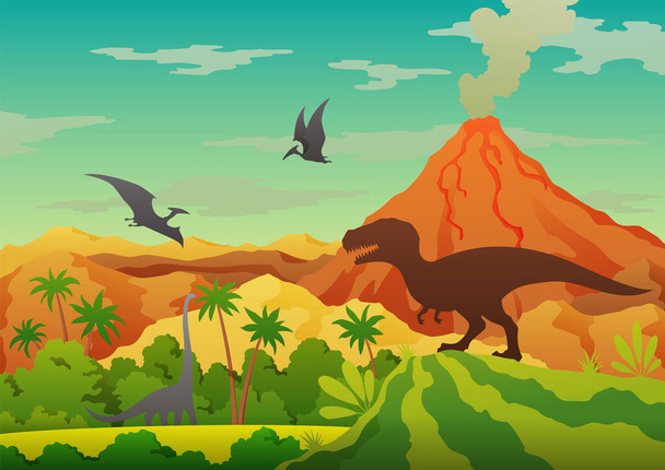 Paesaggio preistorico vulcano con fumo, montagne, dinosauri e vegetazione verde. Illustrazione vettoriale di splendidi paesaggi preistorici e dinosauri - Vettoriali, immagini