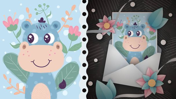 Cute hippo character idea for greeting card. - Vettoriali, immagini