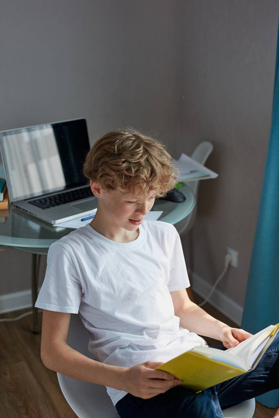 рудий кучерявий хлопчик читає книгу вдома
 - Фото, зображення