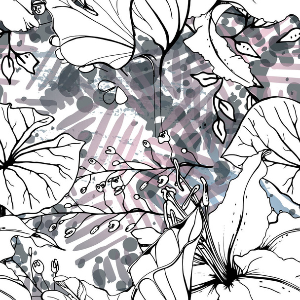 Floral Black White Pattern. Modern Watercolor - Вектор,изображение