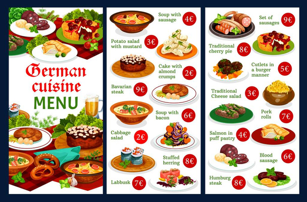German food restaurant menu template. German cuisine meals with pork pork meat, traditional bavarian sausages and dishes with herring, potato and cabbage salads, beef and stake, dessert cakes vector - Vector, Image