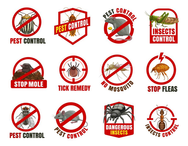 Icone vettoriali isolate a controllo parassitario. Scarafaggio del Colorado, scarafaggio e ratto con locuste, talpa, zecche e zanzare con pulci. Vola, topo e ragno con segni di divieto di cartoni animati di formiche, insetti pericolosi avvertono - Vettoriali, immagini