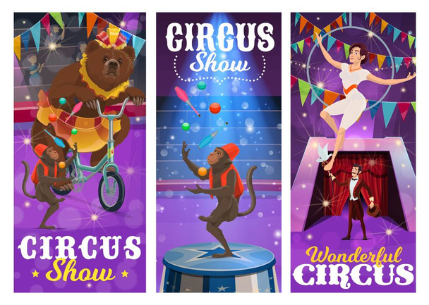 Circus performers vector banners met beer op de fiets, jongleren apen, lucht gymnast en illusionist het uitvoeren van magische truc met duif en hoed op grote top arena. Cartoon artiesten show op circus podium - Vector, afbeelding