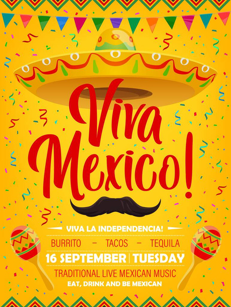 Plakat wektorowy Viva Mexico z meksykańskimi symbolami sombrero, wąsami i marakasami. Ulotka rysunkowa z flagą girlandy i konfetti, zaproszenie na festiwal tradycyjnej imprezy muzycznej na żywo, Meksyk wakacje - Wektor, obraz