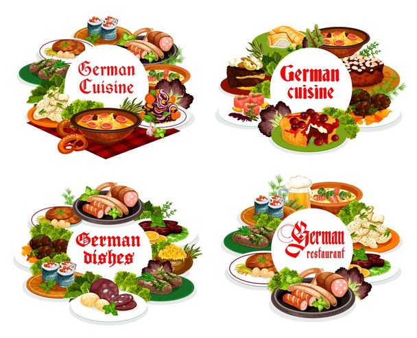 German cuisine meals round vector banners. German soup with sausages, cherry pie and blutwurst, cabbage and potato salads with mustard, burghers cutlets and pork rolls, puff pastry with salmon meat - Vector, Image