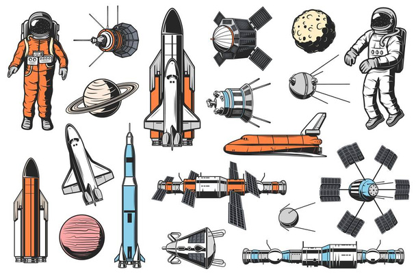 Διάστημα και αστρονομία εικονίδια διάνυσμα που. Αστροναύτης σε διαστημική στολή, διαστημικό λεωφορείο και τροχιοδρομικό, τεχνητοί δορυφόροι και διαστημόπλοια, τροχιακός διαστημικός σταθμός και ηλιακός πλανήτης retro εικονογραφήσεις - Διάνυσμα, εικόνα