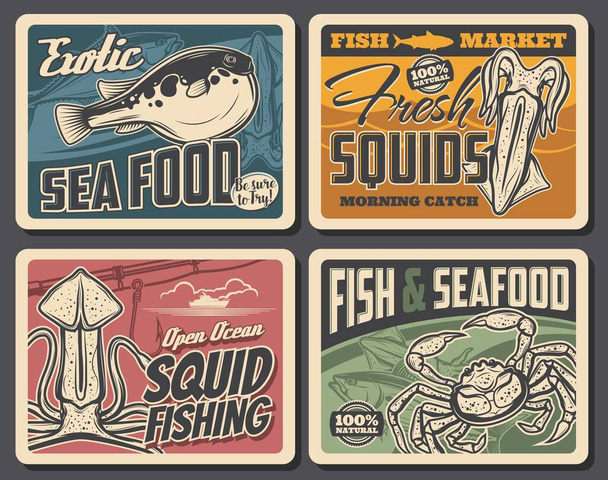 Puffer ψάρια, καλαμάρια και καβούρια αλιείας, εξωτικά θαλασσινά εστιατόριο ή την αγορά ψαριών φυσική παραγωγή διάνυσμα ρετρό αφίσες, υποβρύχια ζώα ανοικτής θάλασσας αλιείας αθλητισμού, χόμπι δραστηριότητα vintage κάρτες σχεδιασμού - Διάνυσμα, εικόνα