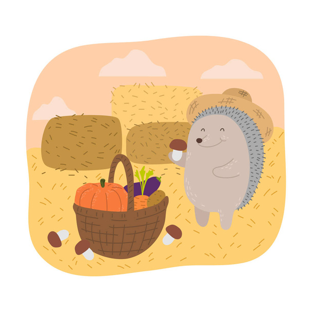 Grey hedgehog farmer picking ripe vegetables to basket during harvesting - Vektor, obrázek