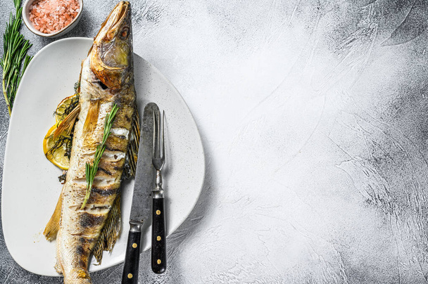 Ψητό Ζάντερ, ψάρι γουάλεϊ με βότανα και λεμόνι σε ένα πιάτο. Γκρι ξύλινο φόντο. Στο πάνω μέρος. Αντιγραφή χώρου. - Φωτογραφία, εικόνα