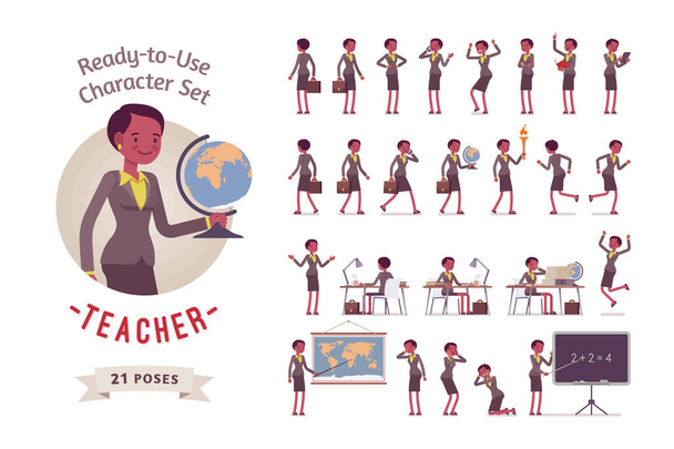 Käyttövalmis naispuolinen opettaja-hahmo, erilaiset asennot ja tunteet - Vektori, kuva
