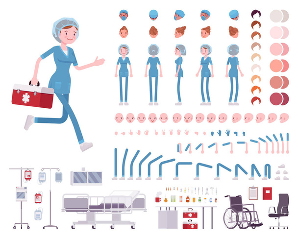 Vrouwelijke verpleegster in ziekenhuis uniform karakter creatie set - Vector, afbeelding
