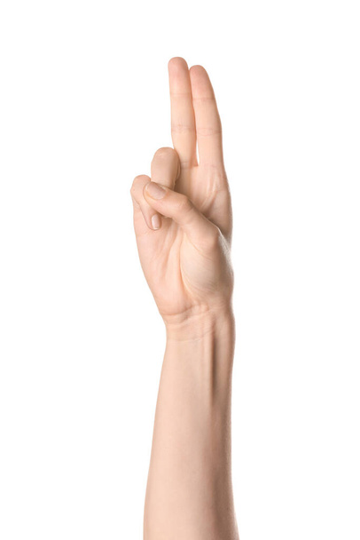 Hand showing letter U on white background. Sign language alphabet - Photo, Image
