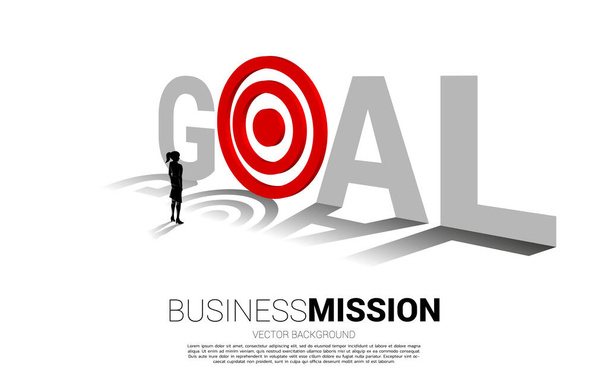 silhouet van zakenvrouw te richten dartbord in doelwoord. Concept van visie missie en doel van het bedrijfsleven - Vector, afbeelding