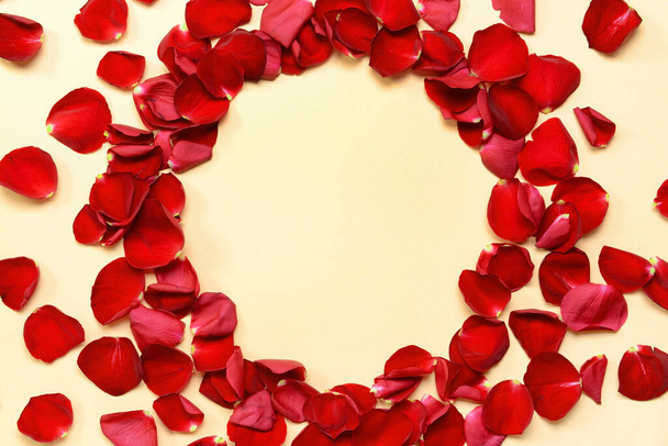 Frame made of beautiful rose petals on color background - Valokuva, kuva