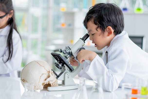 Kleine Jungen benutzen Mikroskop, um das Schädelmodell zu analysieren, während kleine Mädchen im Hintergrund die Farbchemie testen. Konzept guter Praxis und naturwissenschaftliche Ausbildung für Kinder unterstützen ihr Lernen. - Foto, Bild