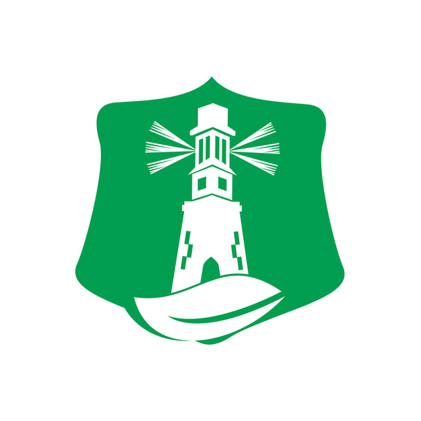 Green lighthouse shield shape concept logo template design. Leaf and Lighthouse Logo Template. - Vector, Image