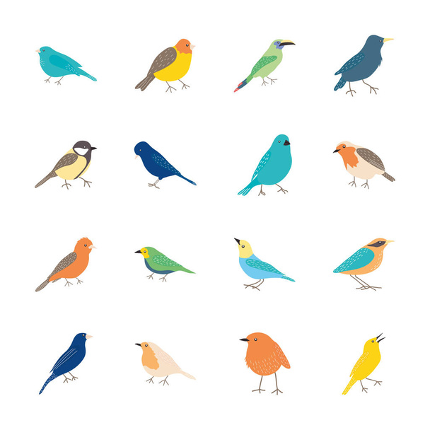 icon set of cartoon birds, flat style - Vector, Image