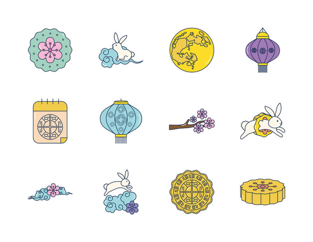 mooncake and mid autumn icon set, line fill style - Vector, Image
