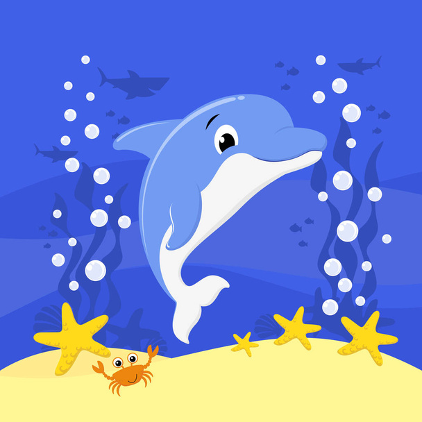 cute baby dolphin cartoon illustration with bubbles and under the sea background. Design for baby and child - Vector, imagen