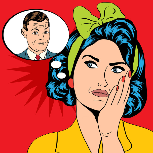 illustration of a woman who thinks a man in a pop art style, vec - Vector, Image
