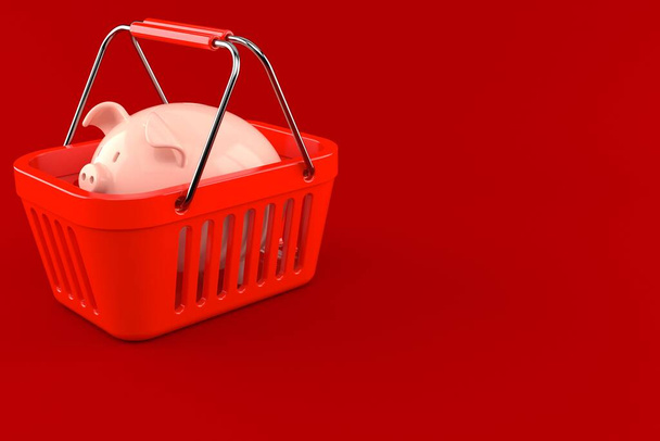 Piggy τράπεζα μέσα καλάθι αγορών απομονώνονται σε κόκκινο φόντο. 3D εικονογράφηση - Φωτογραφία, εικόνα