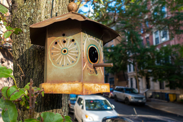 matalic ζωγραφισμένο σπίτι πουλιών σε ένα δέντρο urabn σε ένα δρόμο της πόλης - Φωτογραφία, εικόνα