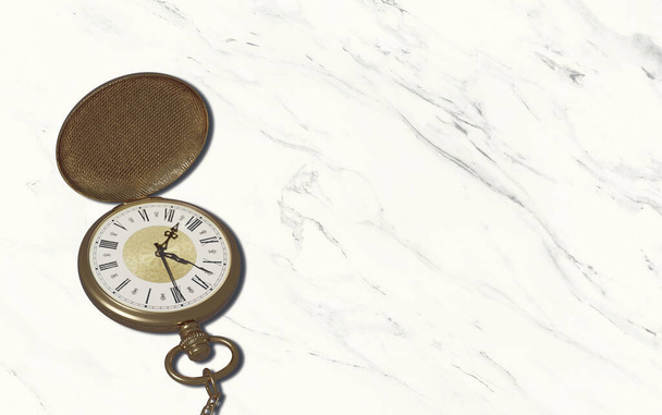 Ilustración 3D Reloj de bolsillo vintage Y un temporizador de vidrio o arena que simboliza el tiempo En un suelo de mármol con un área de copia. Para trabajos de diseño - Foto, imagen