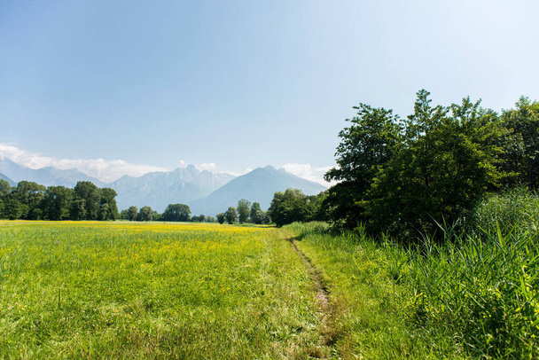 Panoramic View of Idyllic Mountain Scenery in the Alps with Fresh Green Meadows in Bloom. - Photo, Image
