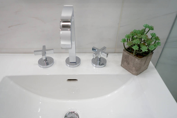 badkamer kraan wastafel met plant decoratie en moderne stijl - Foto, afbeelding