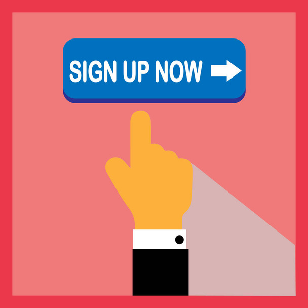 Sign up button with pointing hand on color background. Flat illustration. - Vector, Image