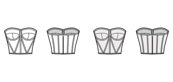 Estilo corsé bustier superior ilustración técnica de moda con copas moldeadas, ajuste cercano, cierre de cremallera trasera, longitud recortada - Vector, imagen