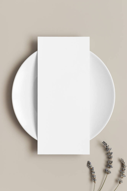 Menu card mockup on a plate with lavender, 4x9 ratio. - Photo, Image