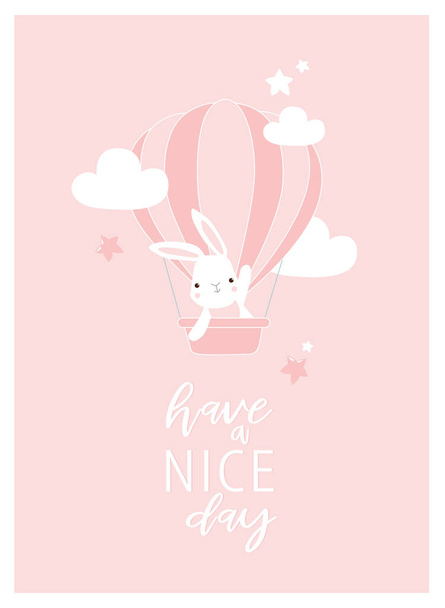 Печать. Векторный мотивационный плакат. Мультяшный кролик в воздушном шаре. "Хорошего дня!" - Вектор,изображение