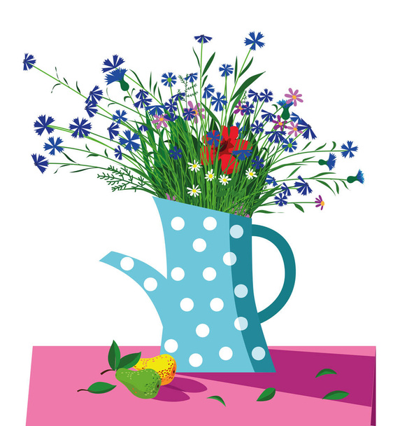 Bukiet dzikich kwiatów w niebieskim czajniku stojącym na stole. W pobliżu znajdują się gruszki - Wektor, obraz